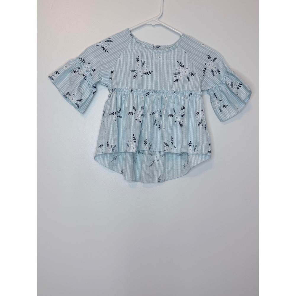 SHEIN Girls Light Blue Striped Floral Eyelet Peplum Blouse Ruffle Sleeve 120